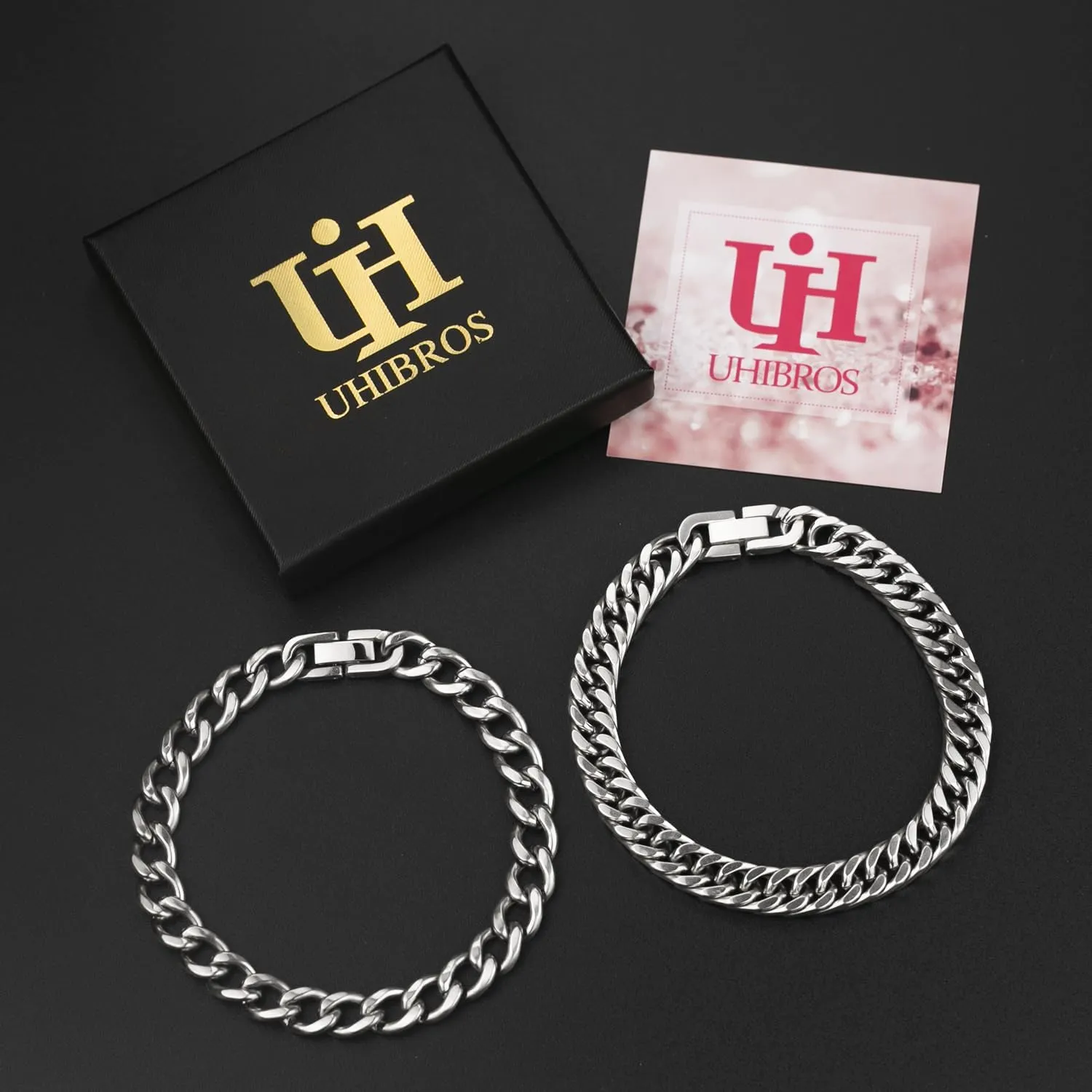 UHIBROS 316L Stainless Steel Chain Bracelet for Men Women, 18K Gold Sturdy Metal Link, Silver Black Cuban/Figaro/Paperclip/Rope Fashion Jewelry Set for Dad, Boyfriend, Husband, Girlfriend