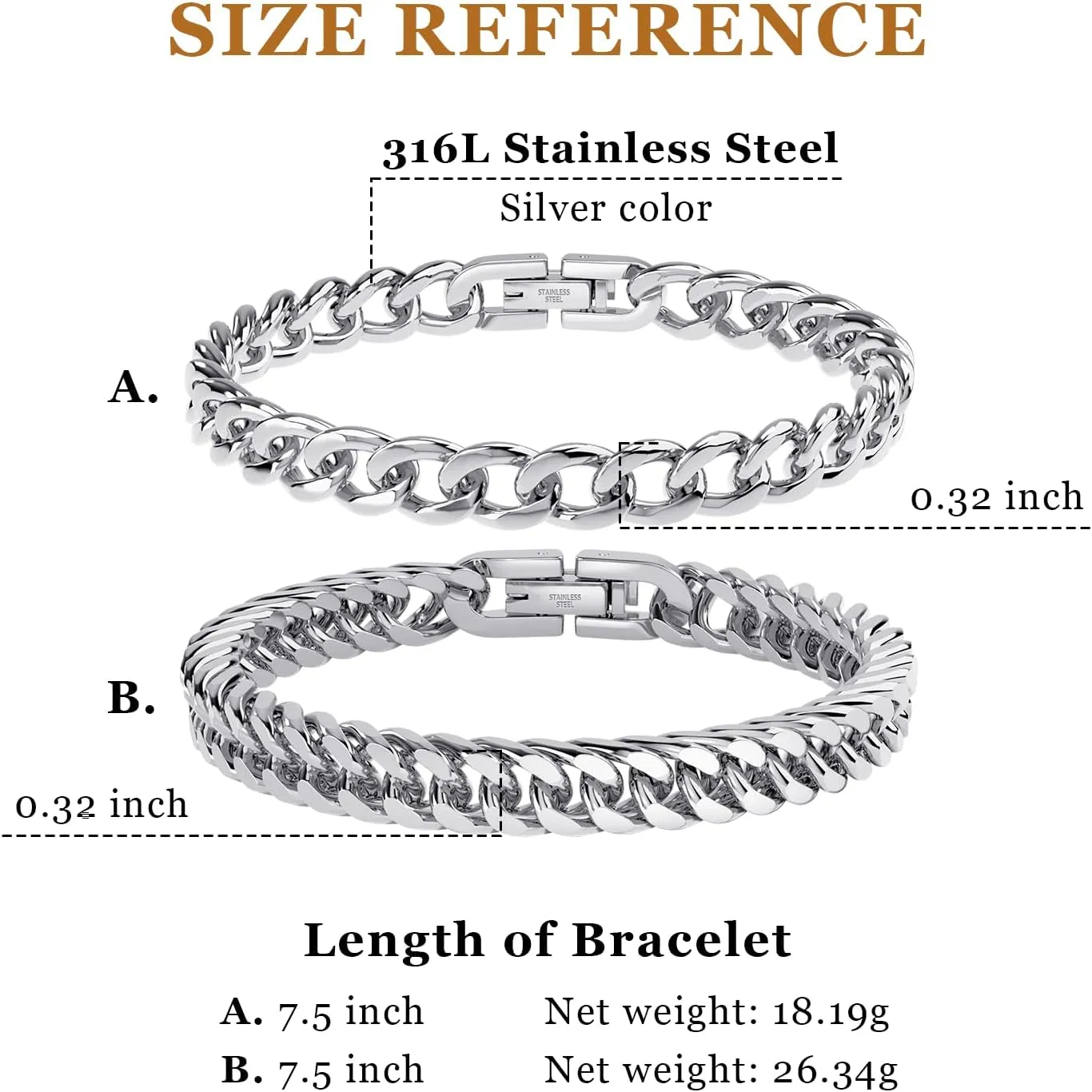 UHIBROS 316L Stainless Steel Chain Bracelet for Men Women, 18K Gold Sturdy Metal Link, Silver Black Cuban/Figaro/Paperclip/Rope Fashion Jewelry Set for Dad, Boyfriend, Husband, Girlfriend