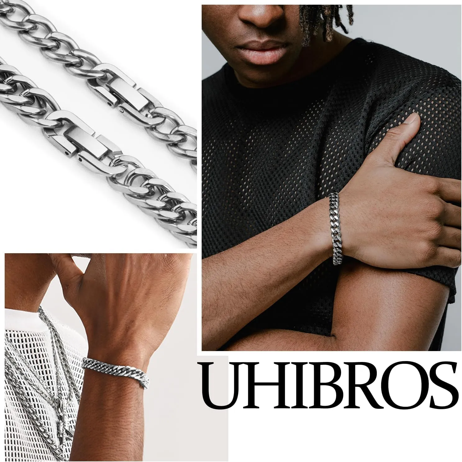 UHIBROS 316L Stainless Steel Chain Bracelet for Men Women, 18K Gold Sturdy Metal Link, Silver Black Cuban/Figaro/Paperclip/Rope Fashion Jewelry Set for Dad, Boyfriend, Husband, Girlfriend