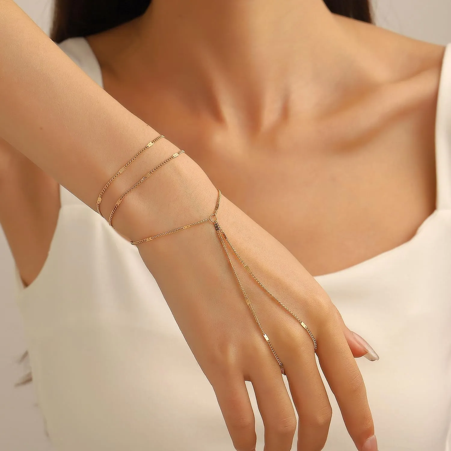 V Shape Slave Bracelet for Women Sparkling Layered Hand Chain Stackable Bracelets Minimalist Finger Ring Bracelet Crystal Chains Hand Jewelry for Women Prom
