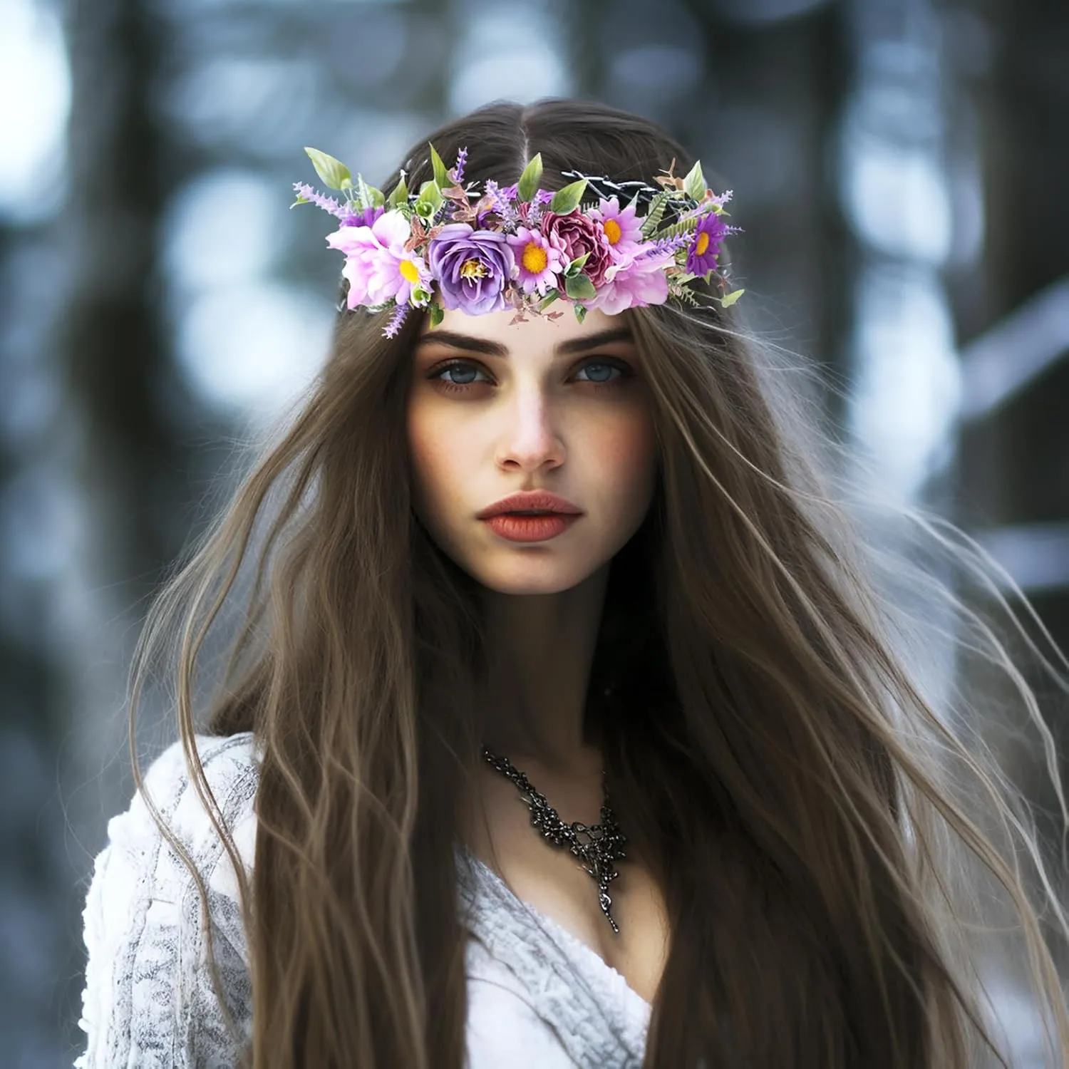 Vivivalue Fairy Floral Crown Woodland Headband Flower Headpiece Hair Wreath Forest Elven Circlet for Women Girls Halloween Renaissance Wedding Bridal Cosplay Prom Photo Props Purple