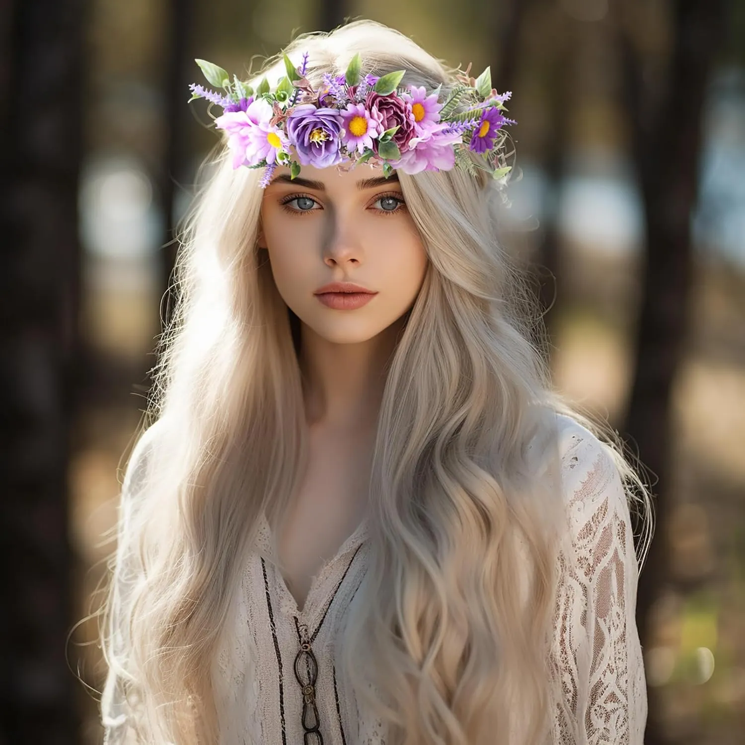 Vivivalue Fairy Floral Crown Woodland Headband Flower Headpiece Hair Wreath Forest Elven Circlet for Women Girls Halloween Renaissance Wedding Bridal Cosplay Prom Photo Props Purple