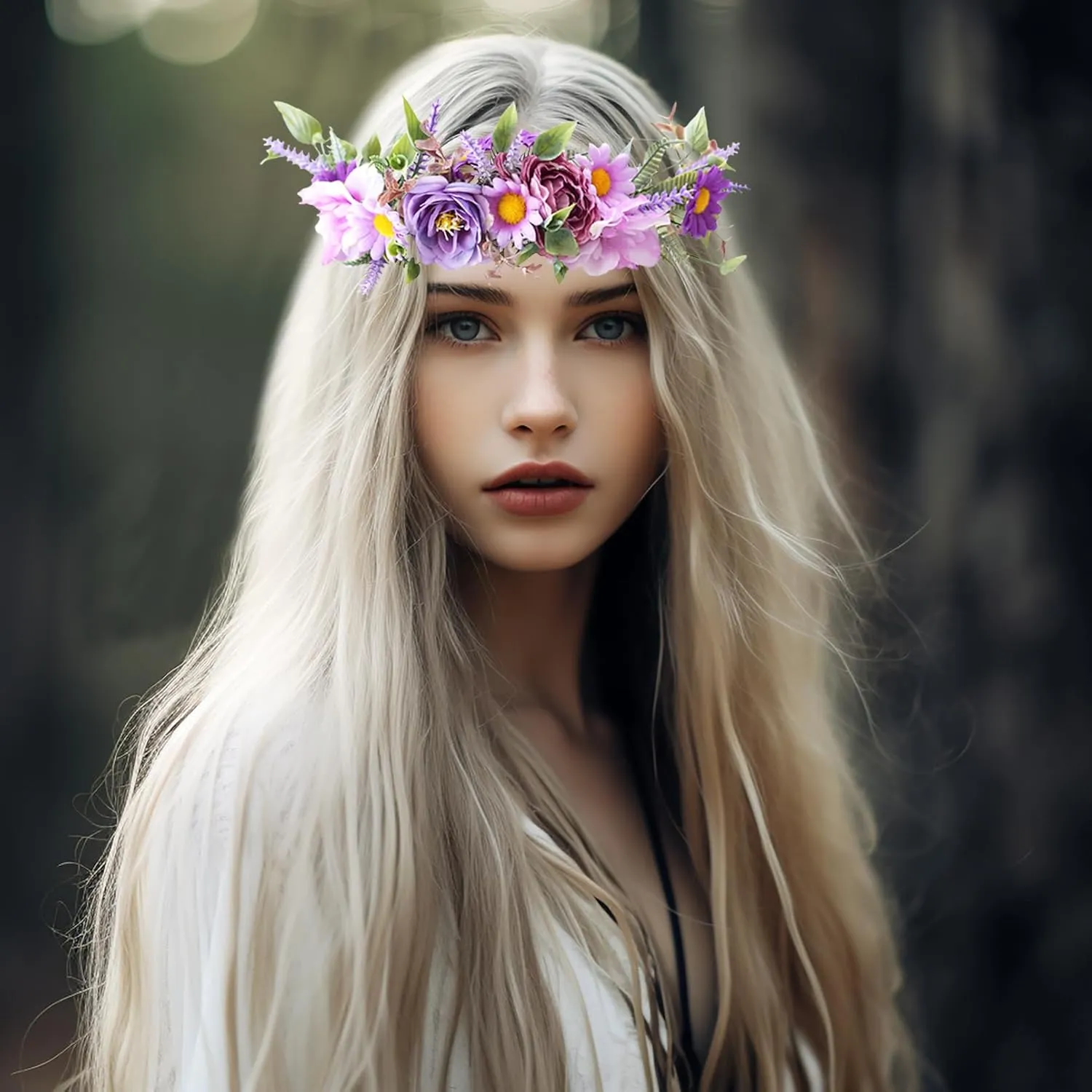 Vivivalue Fairy Floral Crown Woodland Headband Flower Headpiece Hair Wreath Forest Elven Circlet for Women Girls Halloween Renaissance Wedding Bridal Cosplay Prom Photo Props Purple