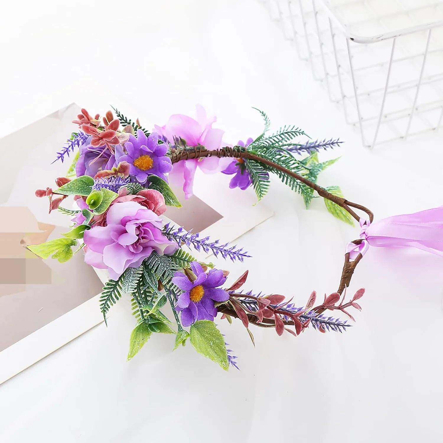 Vivivalue Fairy Floral Crown Woodland Headband Flower Headpiece Hair Wreath Forest Elven Circlet for Women Girls Halloween Renaissance Wedding Bridal Cosplay Prom Photo Props Purple