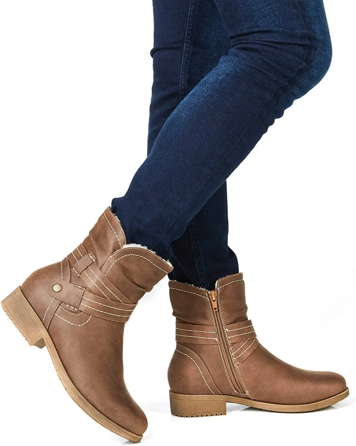 VJH confort Women's Mid Calf Boots, Fur Lined Round Toe Low heel Cross Straps Slouchy Booties with Zipper