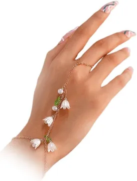 White Lily of the Valley Hand Chain Bracelets for Women Fancy Flowers Leaf O Ring Bracelet Trendy Fairy Link Chain Jewelry Clean Aesthetic Accessories