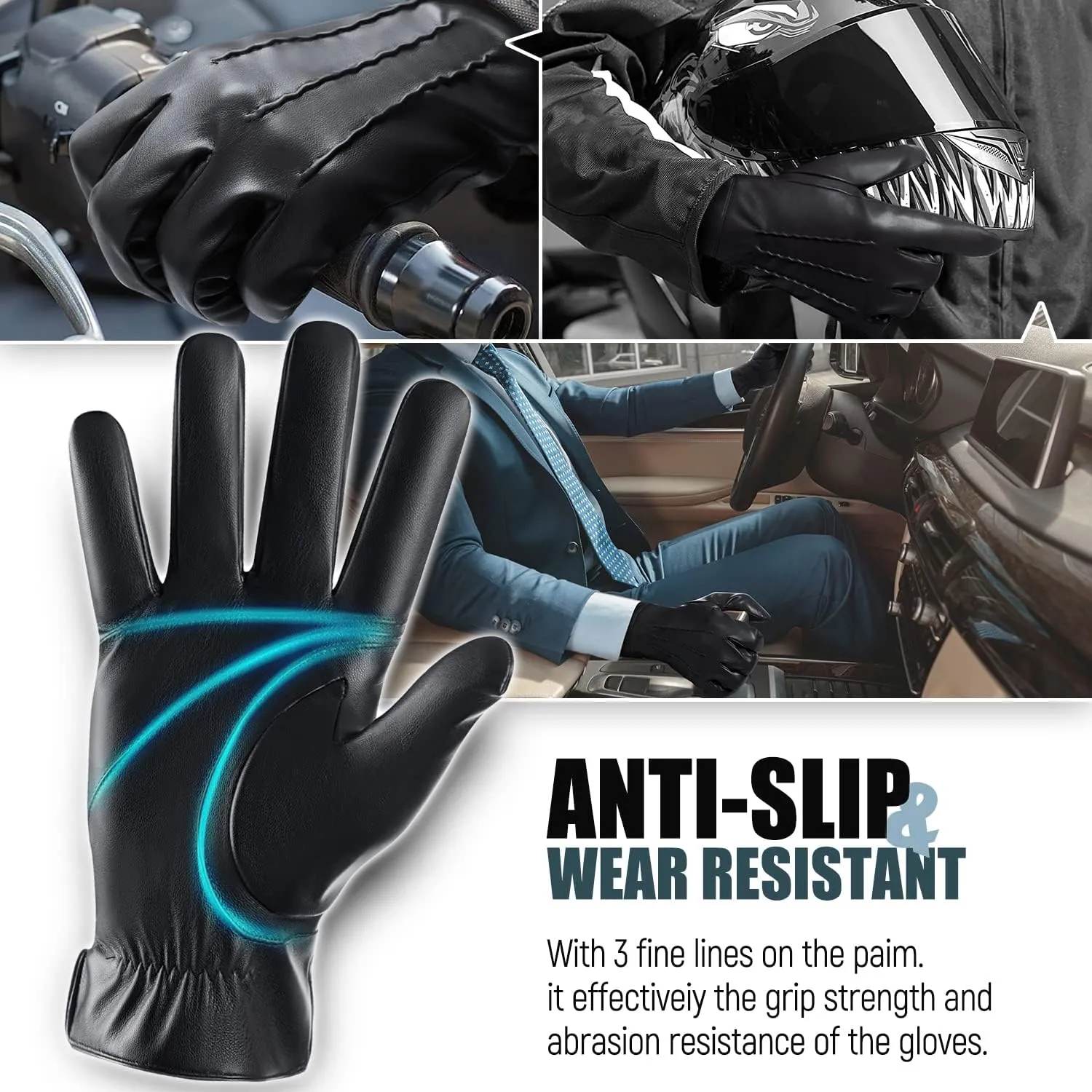 Winter Leather Gloves for Men,Touchscreen Snow Driving Gloves with Cashmere Lining for Motorcycle Driving Riding