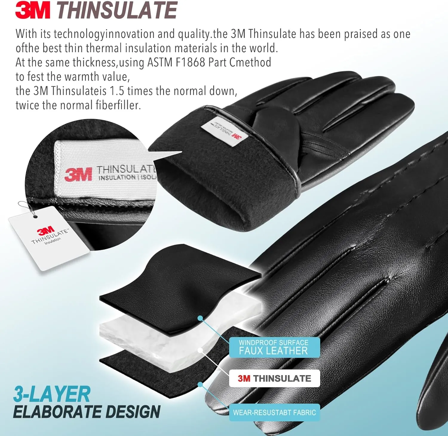 Winter Leather Gloves for Men,Touchscreen Snow Driving Gloves with Cashmere Lining for Motorcycle Driving Riding
