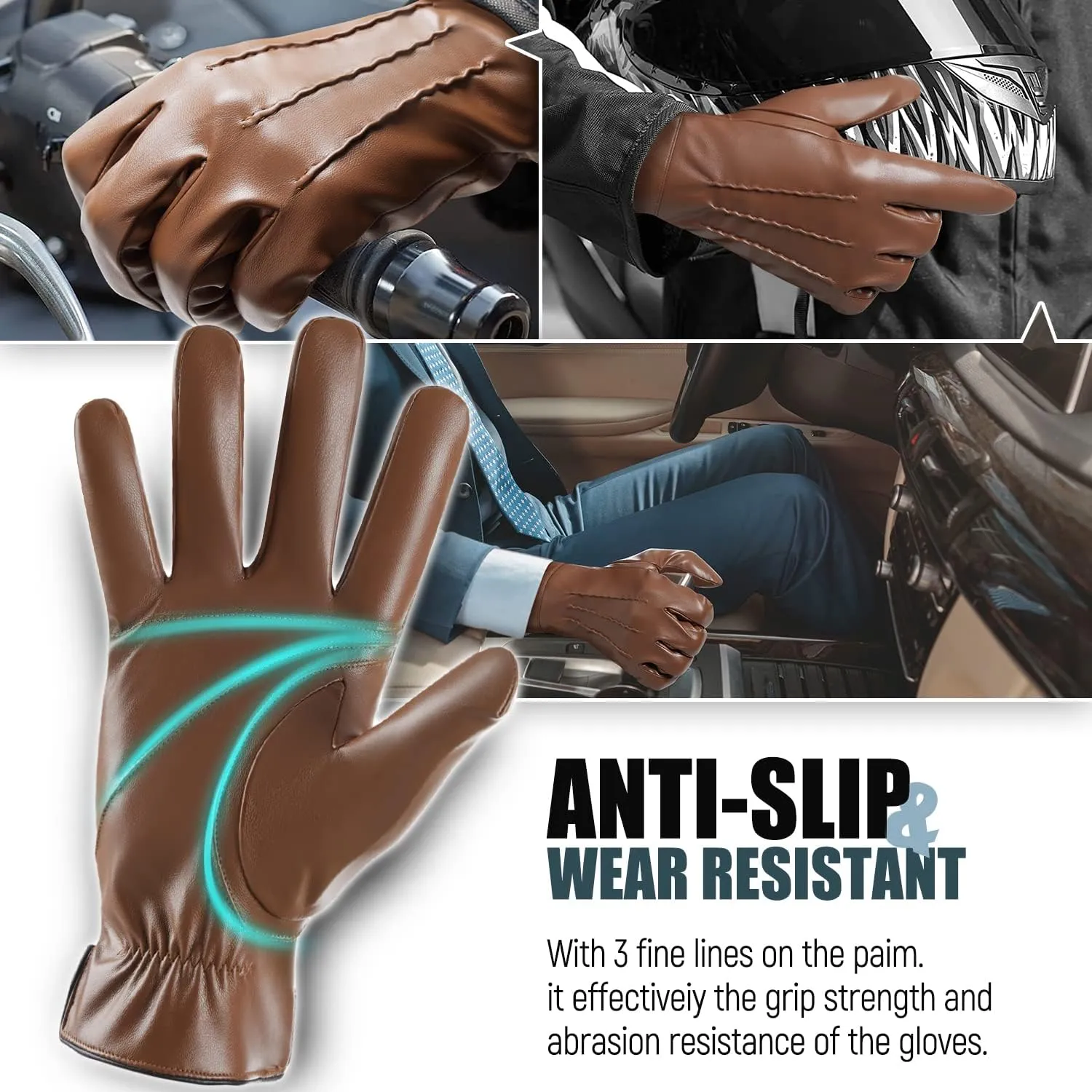 Winter Leather Gloves for Men,Touchscreen Snow Driving Gloves with Cashmere Lining for Motorcycle Driving Riding