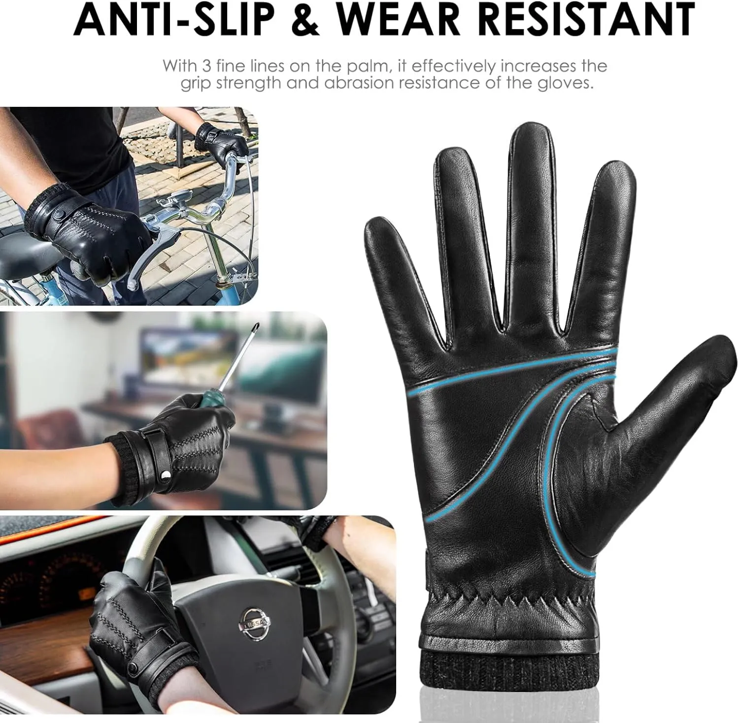 Winter Sheepskin Leather Gloves for Men, Warm Touchscreen Driving Handwear with Cashmere Lining for Outdoor Use