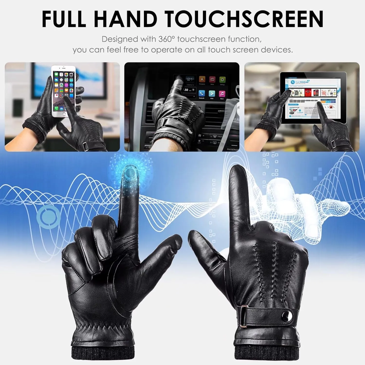 Winter Sheepskin Leather Gloves for Men, Warm Touchscreen Driving Handwear with Cashmere Lining for Outdoor Use