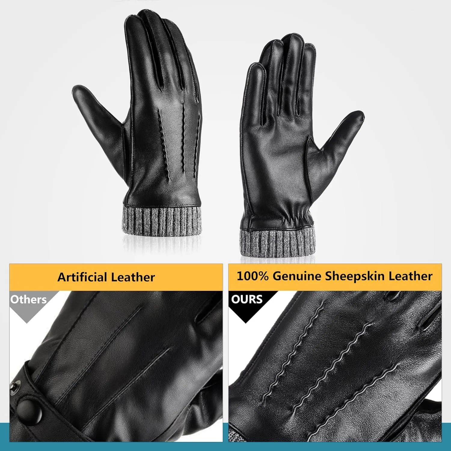 Winter Warm Genuine Leather Gloves, Cashmere Lined Driving Motorcycle Gloves for Men