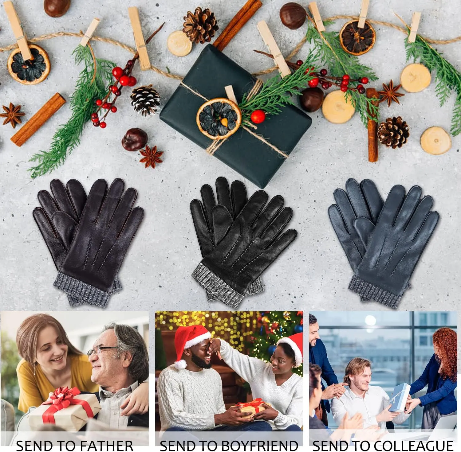 Winter Warm Genuine Leather Gloves, Cashmere Lined Driving Motorcycle Gloves for Men
