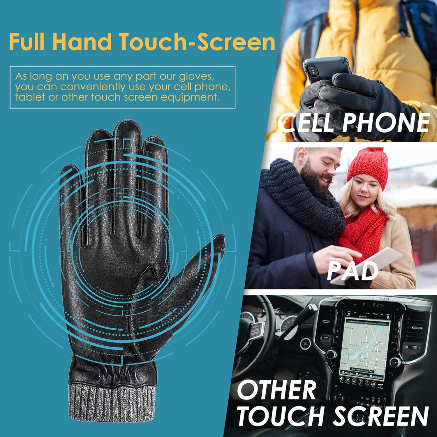 Winter Warm Genuine Leather Gloves, Cashmere Lined Driving Motorcycle Gloves for Men