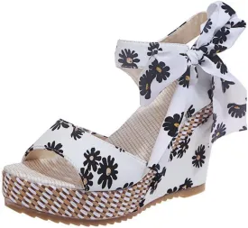 Women Platform Wedge Sandals Cute Slip On Wedge Espadrille Ankle Lace Up Open-Toe Wedges Heel Ladies Elegant Flora Summer Casual Walking Shoes Outdoors