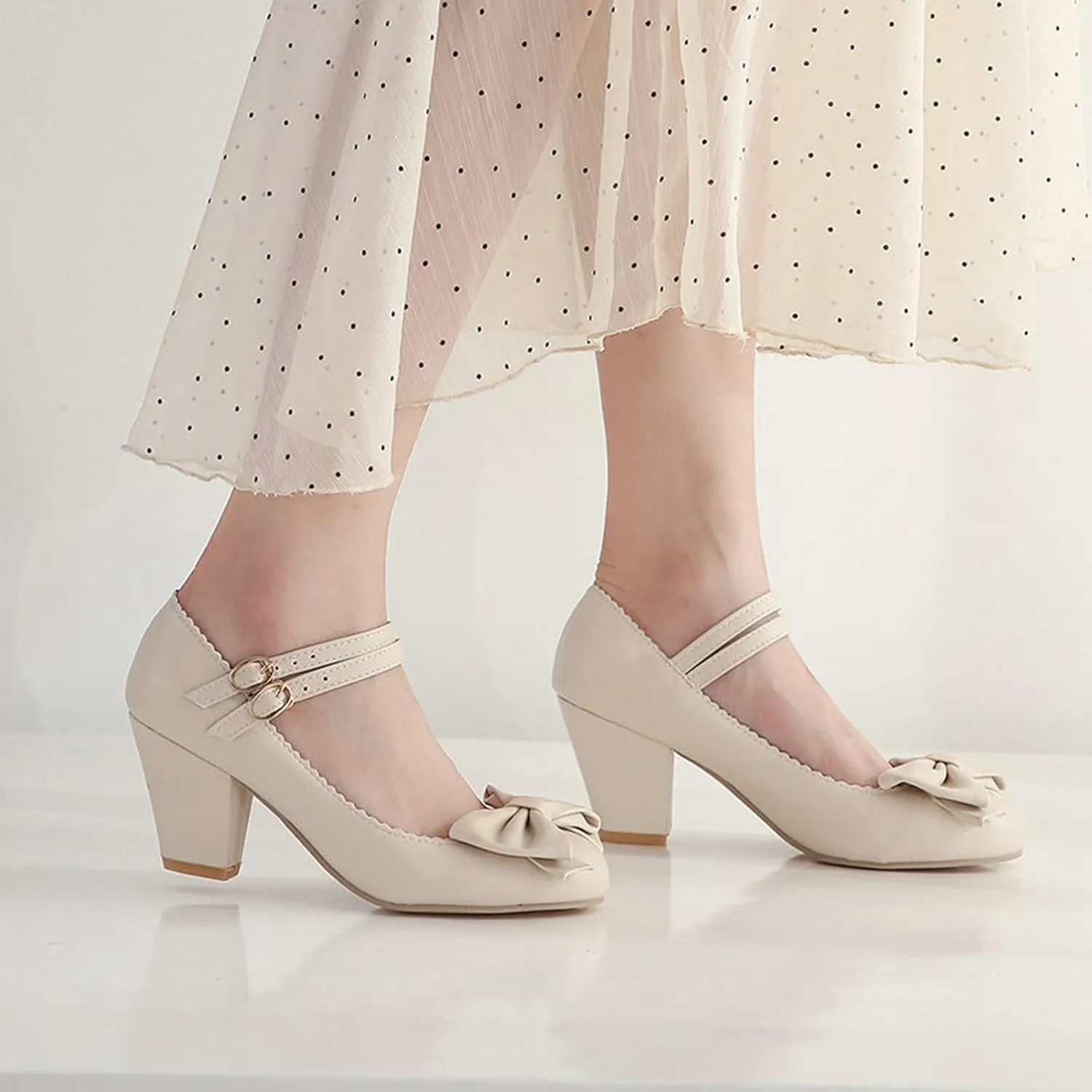 Women Retro Lolita Round Toe Mary Jane Pumps Double Ankle Strap Sweet Bow Chunky High Heel Dress Shoes