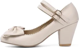 Women Retro Lolita Round Toe Mary Jane Pumps Double Ankle Strap Sweet Bow Chunky High Heel Dress Shoes