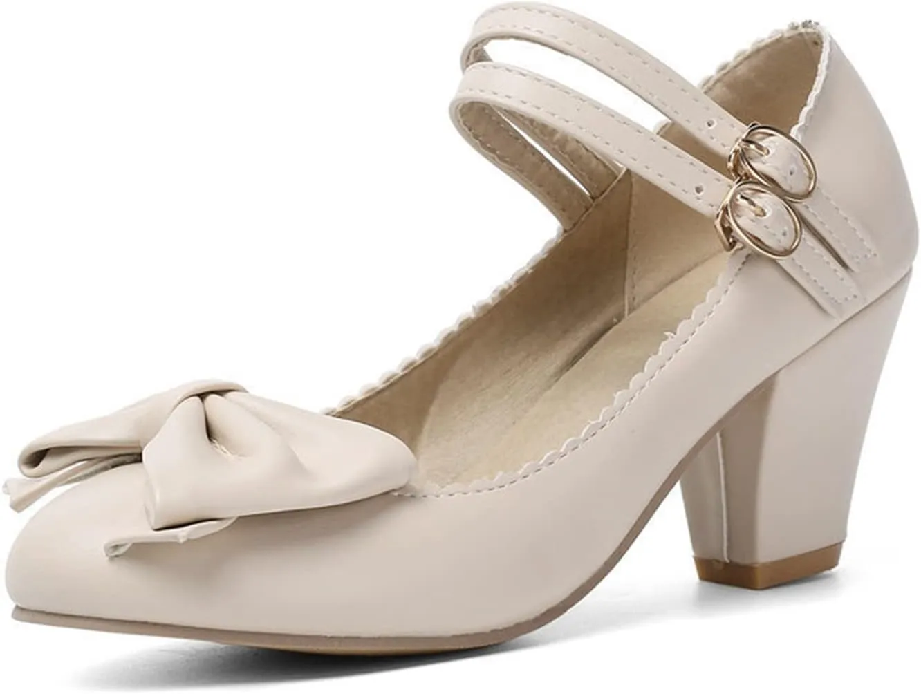 Women Retro Lolita Round Toe Mary Jane Pumps Double Ankle Strap Sweet Bow Chunky High Heel Dress Shoes