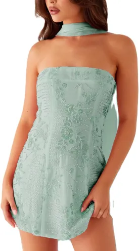Women Sequin Sparkly Floral Tube Mini Dress with Scarf Y2k Sexy Pearl Embellished Bling Glitter Bodycon Dresses