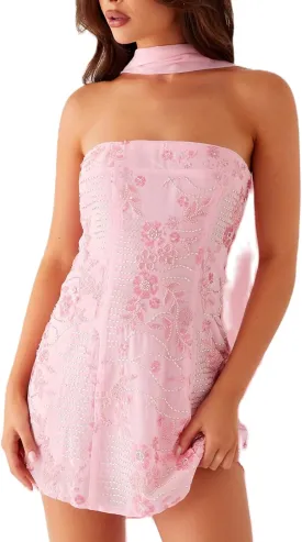 Women Sequin Sparkly Floral Tube Mini Dress with Scarf Y2k Sexy Pearl Embellished Bling Glitter Bodycon Dresses
