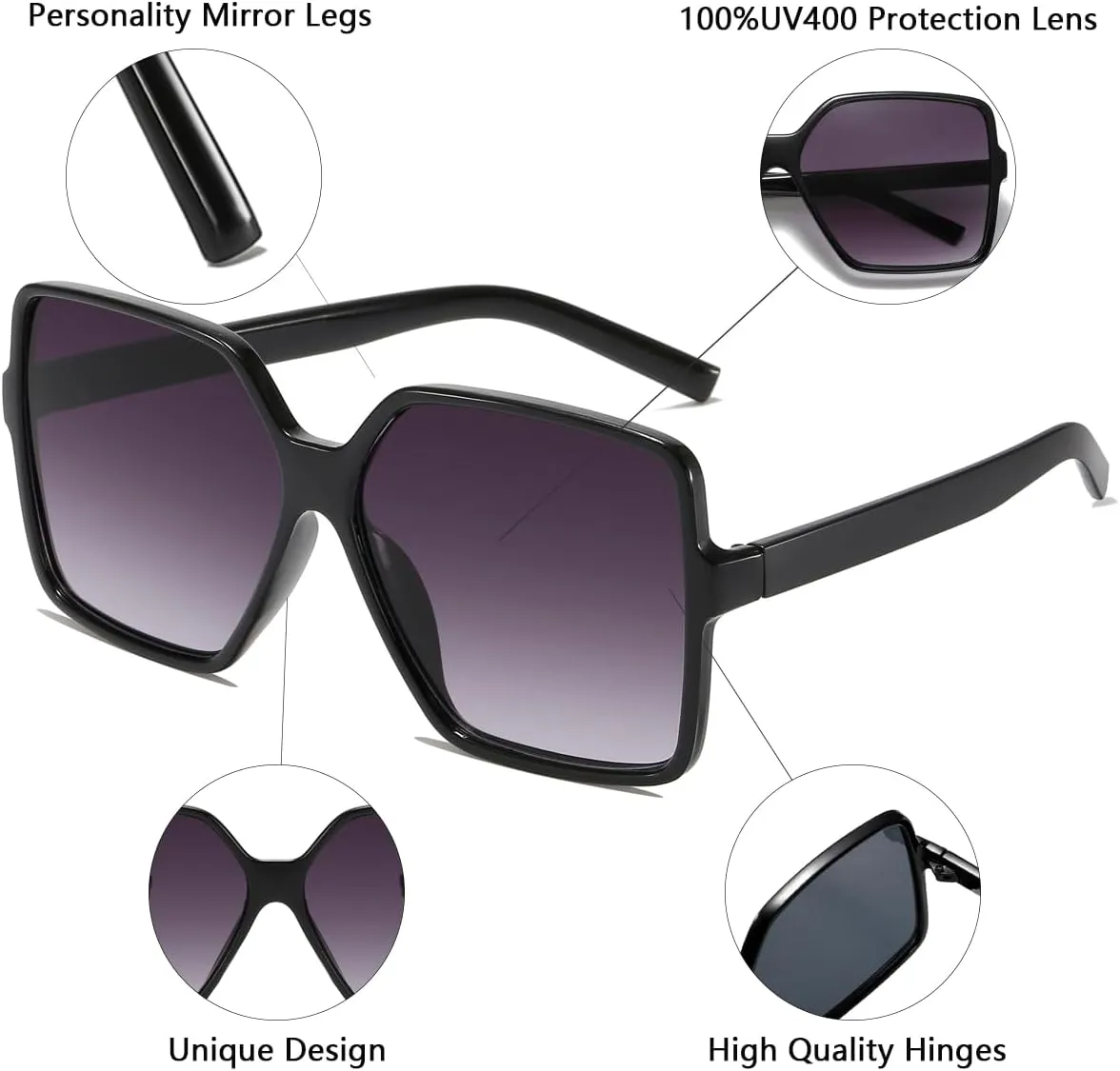 Women's Chic Square Oversized Sunglasses Big Large Wide Fashion Shades for Women Men 100% UV Protection
