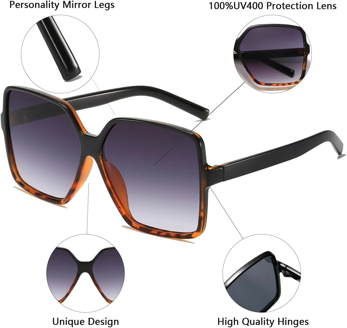 Women's Chic Square Oversized Sunglasses Big Large Wide Fashion Shades for Women Men 100% UV Protection