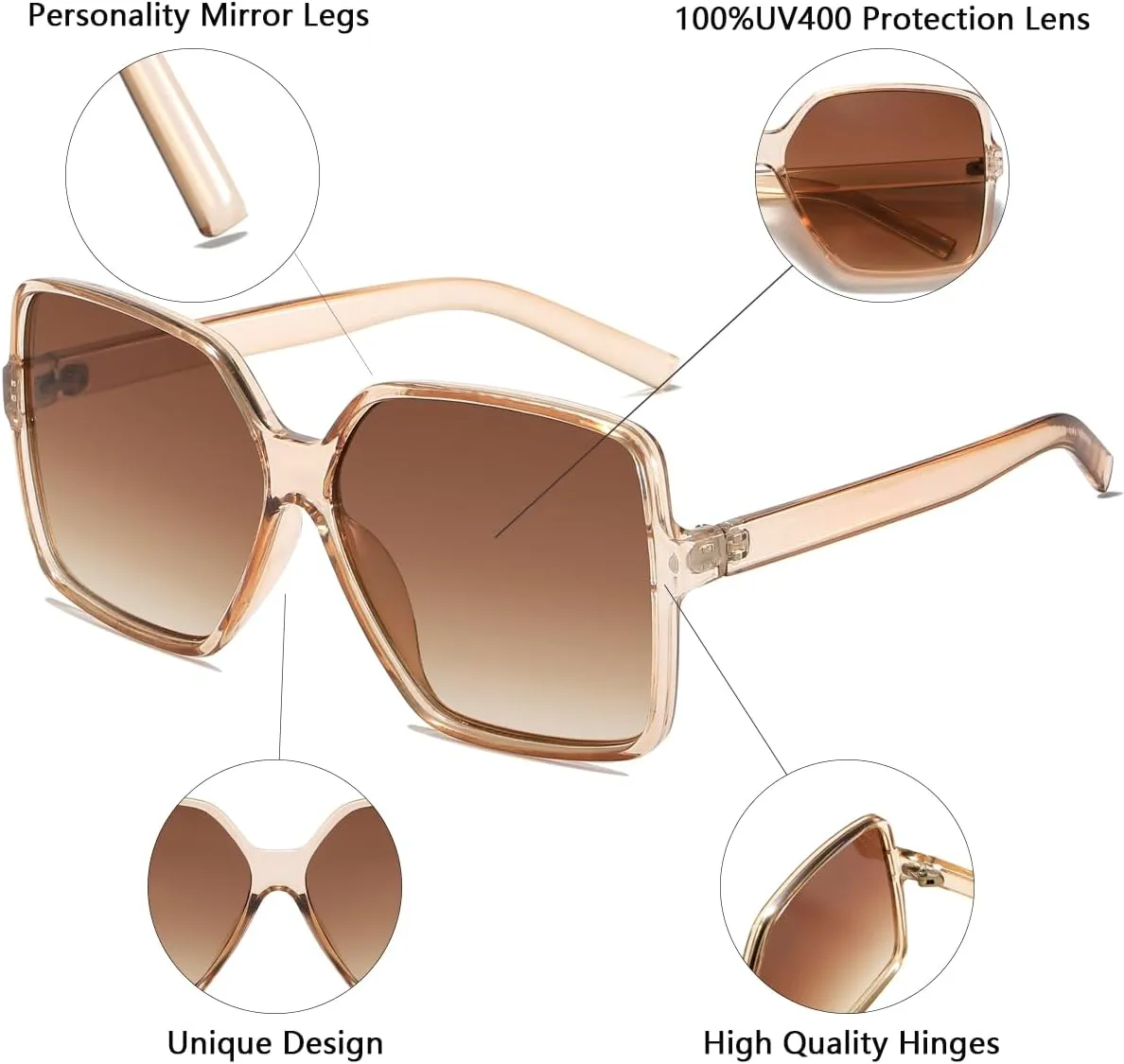 Women's Chic Square Oversized Sunglasses Big Large Wide Fashion Shades for Women Men 100% UV Protection