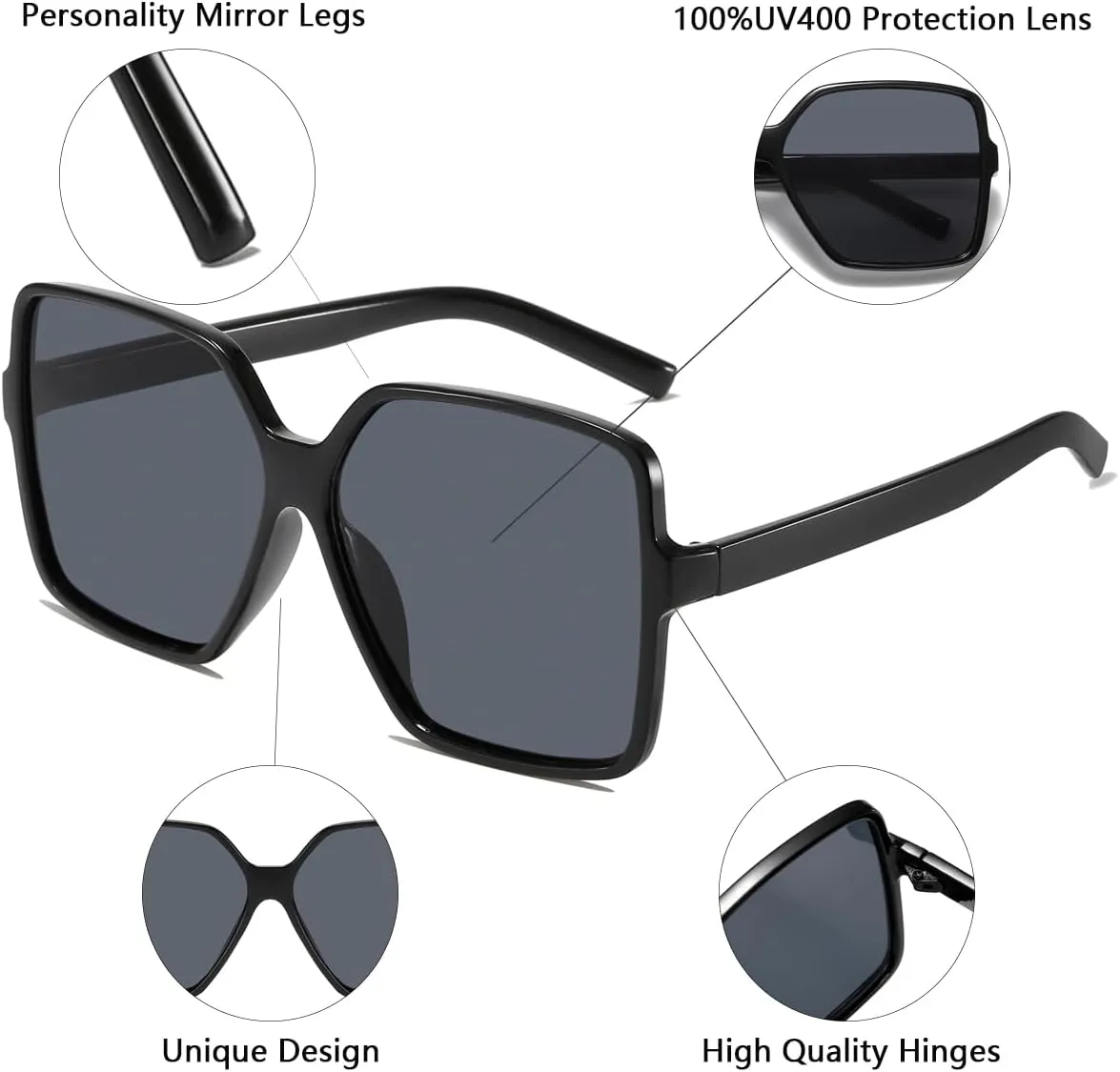 Women's Chic Square Oversized Sunglasses Big Large Wide Fashion Shades for Women Men 100% UV Protection