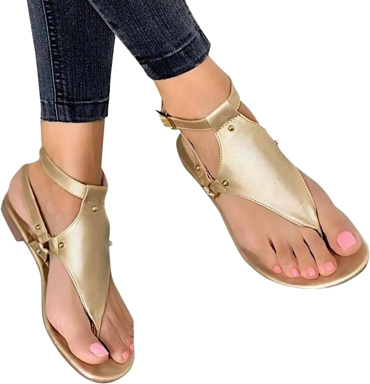 Women's Elastic Strappy Thong Ankle Strap Summer Gladiator Sandals T-Strap Walking Thong Sandals for Women, Beach Flat Walking Shoes Comfortable Slip on Dress Shoes
