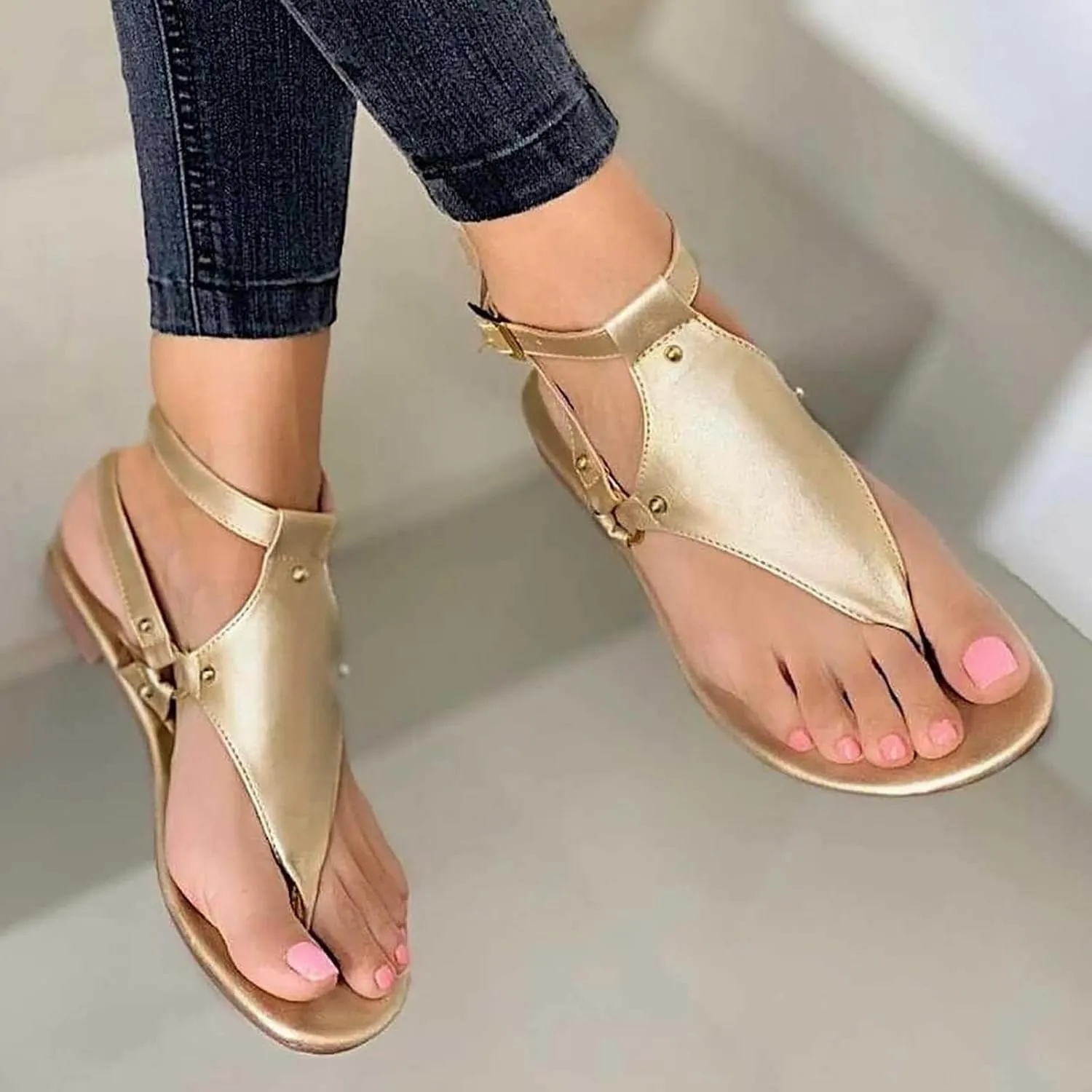 Women's Elastic Strappy Thong Ankle Strap Summer Gladiator Sandals T-Strap Walking Thong Sandals for Women, Beach Flat Walking Shoes Comfortable Slip on Dress Shoes