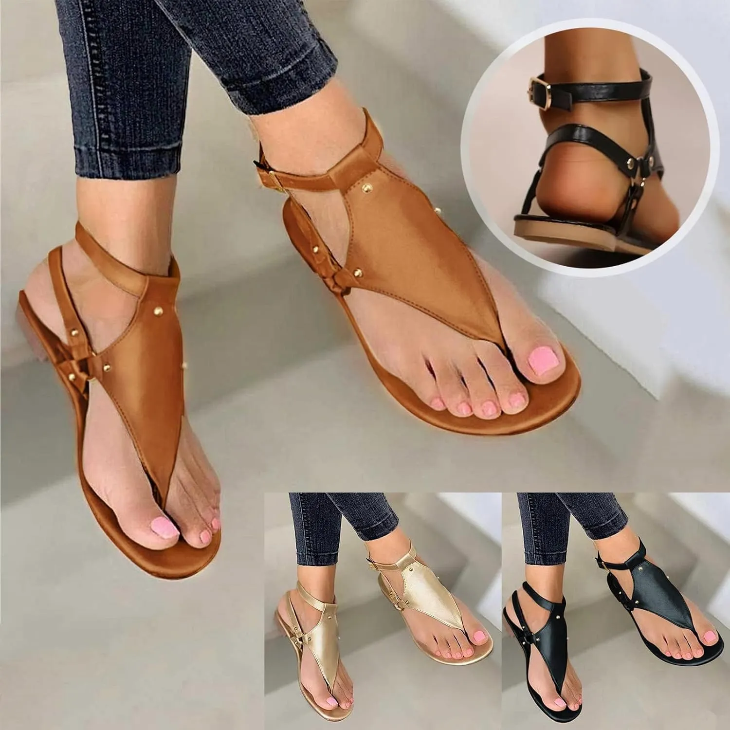 Women's Elastic Strappy Thong Ankle Strap Summer Gladiator Sandals T-Strap Walking Thong Sandals for Women, Beach Flat Walking Shoes Comfortable Slip on Dress Shoes