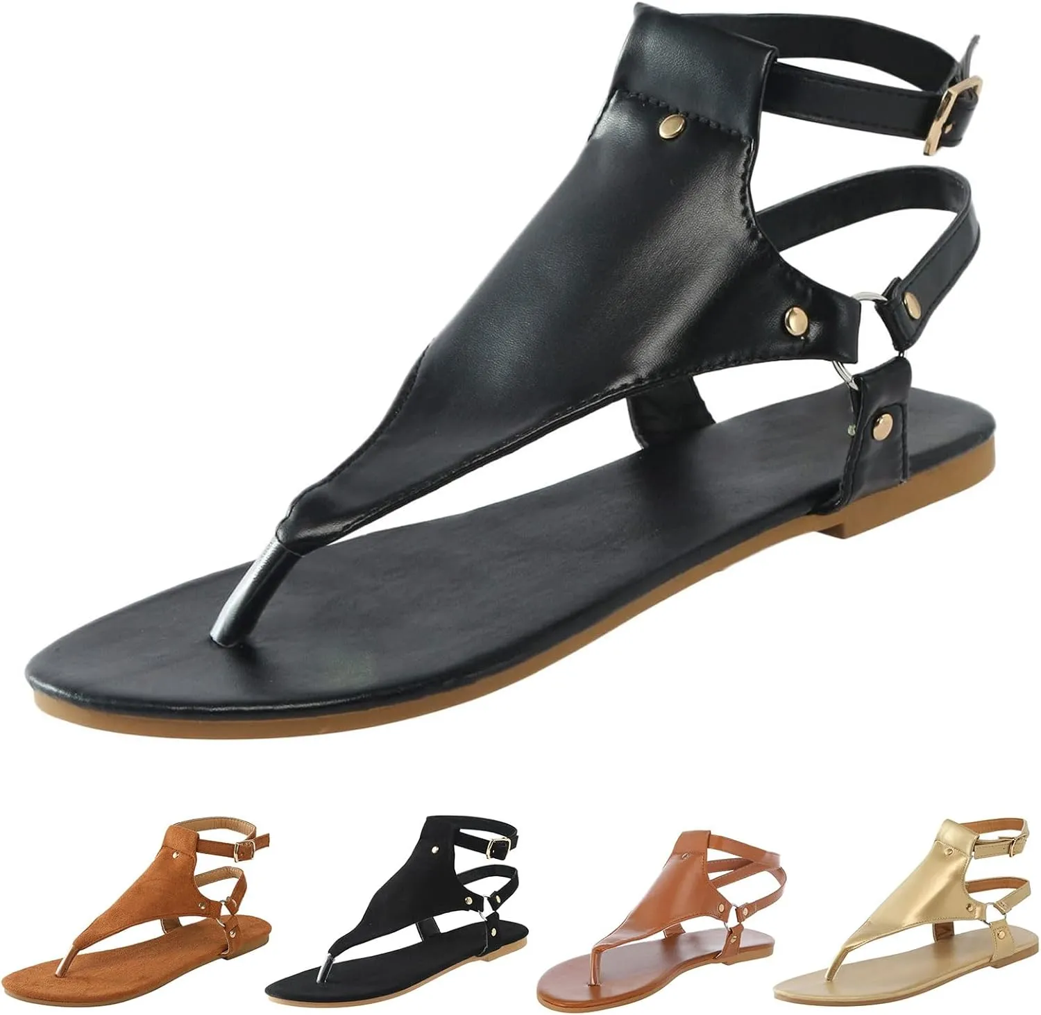 Women's Elastic Strappy Thong Ankle Strap Summer Gladiator Sandals T-Strap Walking Thong Sandals for Women, Beach Flat Walking Shoes Comfortable Slip on Dress Shoes