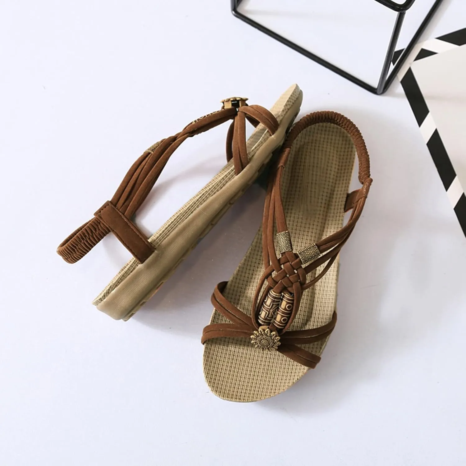Women's Flat Espadrilles Sandals with Elastic Ankle Strap Comfortable Flatform Sandal Summer Slip on Beach Shoes Casual Vacation Sea Side Sandals for Women Womens Lightweight Summer Dressy Sandal