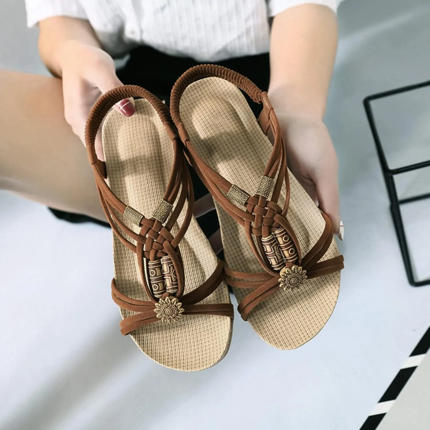 Women's Flat Espadrilles Sandals with Elastic Ankle Strap Comfortable Flatform Sandal Summer Slip on Beach Shoes Casual Vacation Sea Side Sandals for Women Womens Lightweight Summer Dressy Sandal