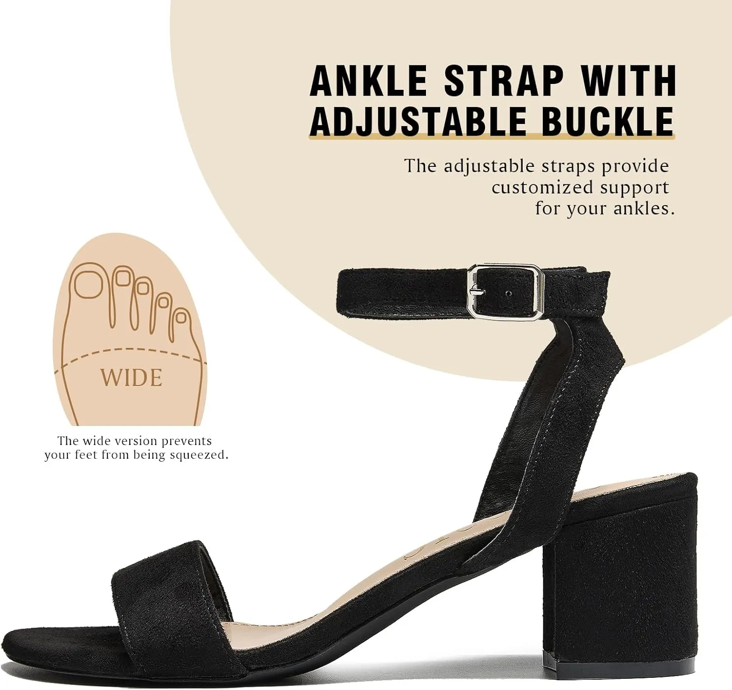Women's Low Block Chunky Heels Ankle Strap Sandals Open Toe Nude Black Silver Heel for Women 2.3 Inches Wedding Party Prom Dress Pump Shoes