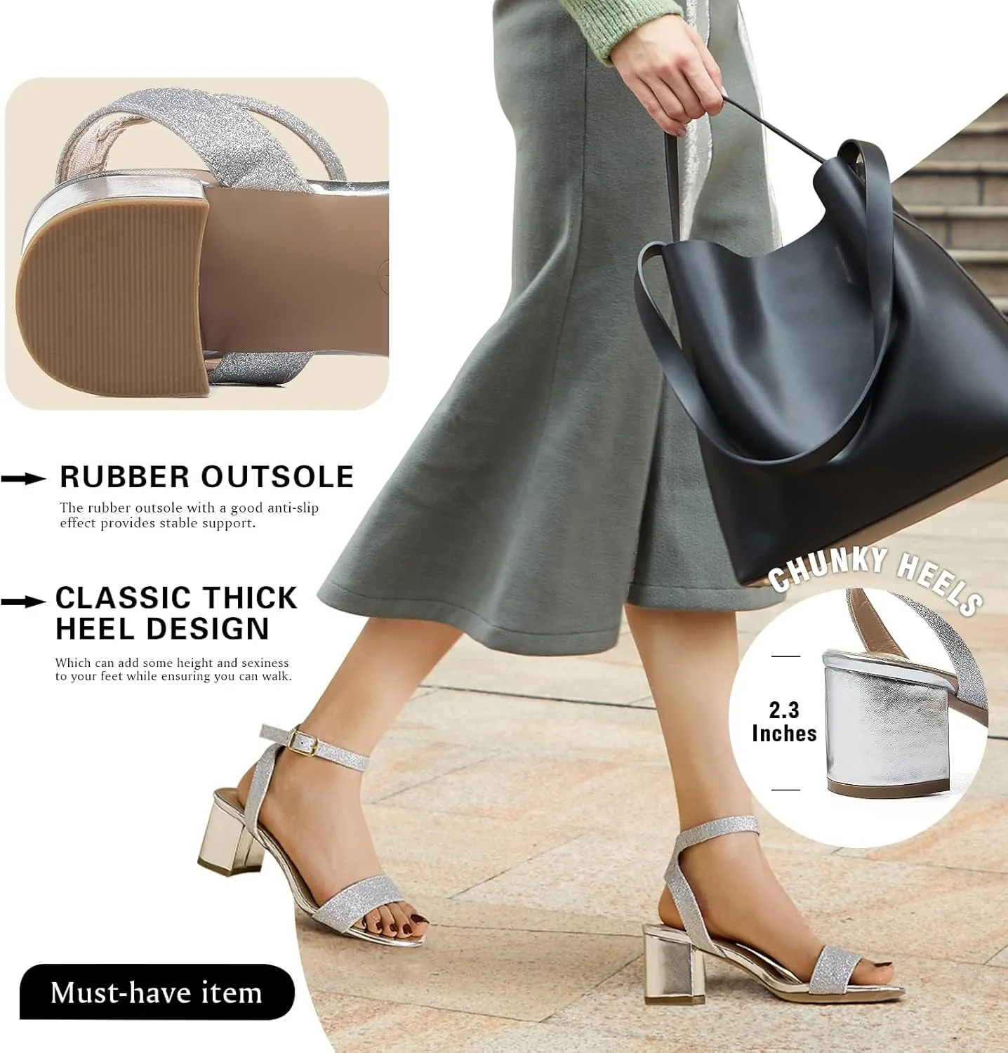 Women's Low Block Chunky Heels Ankle Strap Sandals Open Toe Nude Black Silver Heel for Women 2.3 Inches Wedding Party Prom Dress Pump Shoes