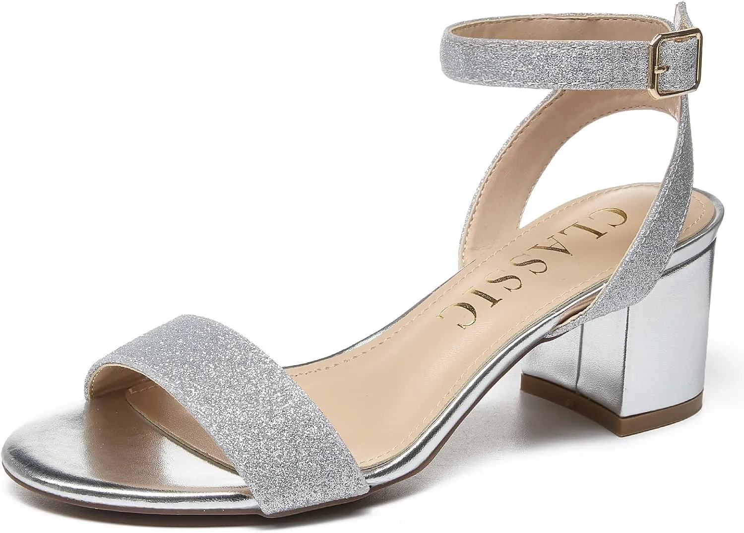 Women's Low Block Chunky Heels Ankle Strap Sandals Open Toe Nude Black Silver Heel for Women 2.3 Inches Wedding Party Prom Dress Pump Shoes