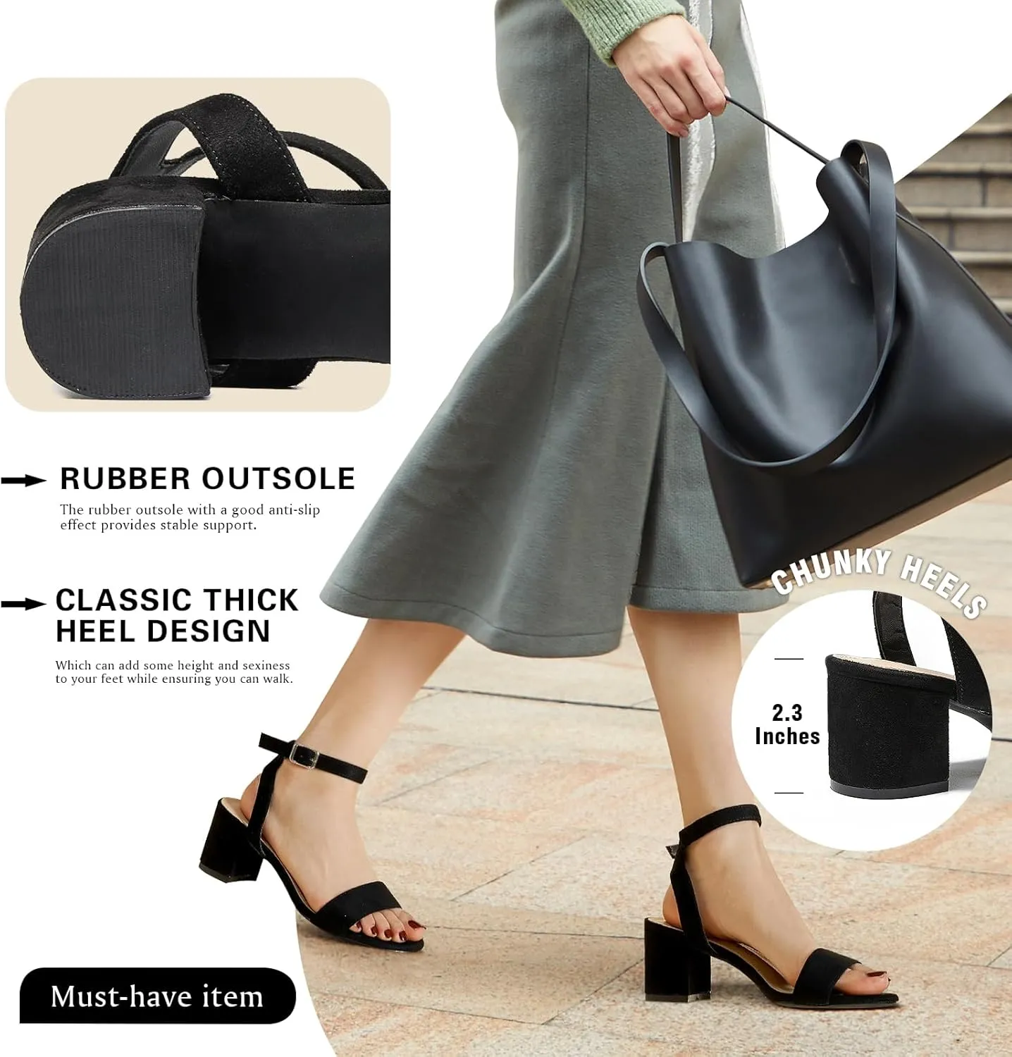 Women's Low Block Chunky Heels Ankle Strap Sandals Open Toe Nude Black Silver Heel for Women 2.3 Inches Wedding Party Prom Dress Pump Shoes