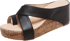 Women's Platform Toe Ring Thong Sandals with Arch Support Non Slip Leather Wedge Sandal Comfortable Slip on Walking Slide Sandal Women Summer Open Toe Dressy Shoes with Cross Strap for Summer