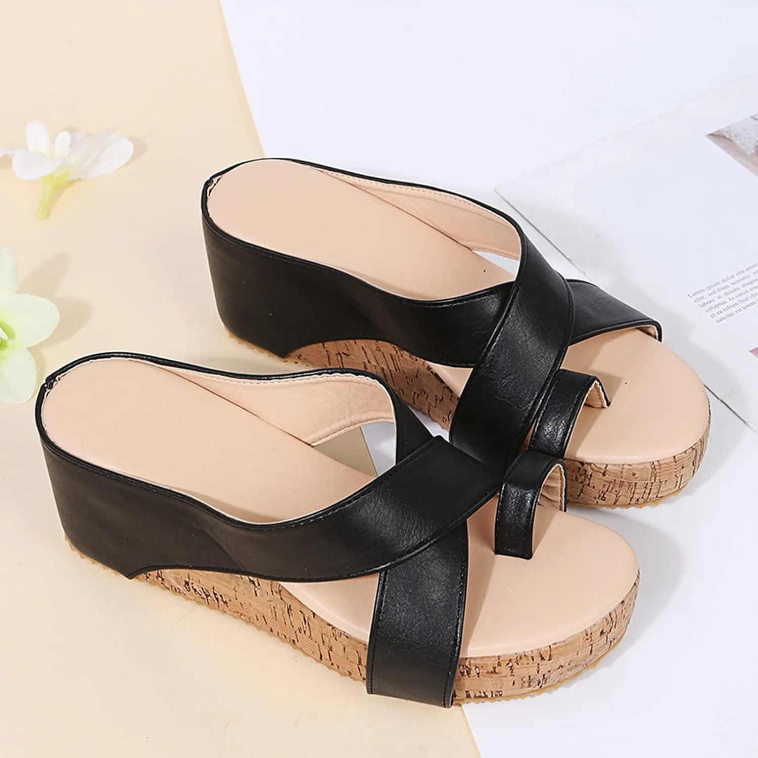Women's Platform Toe Ring Thong Sandals with Arch Support Non Slip Leather Wedge Sandal Comfortable Slip on Walking Slide Sandal Women Summer Open Toe Dressy Shoes with Cross Strap for Summer