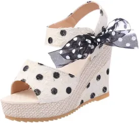 Women's Platform Wedge Sandals Polka Dot Wedge Bow Platform Sandals Elegant Floral Bow Tie Ankle Strap Shoes for Bride Wedding Christmas Halloween Party Favor