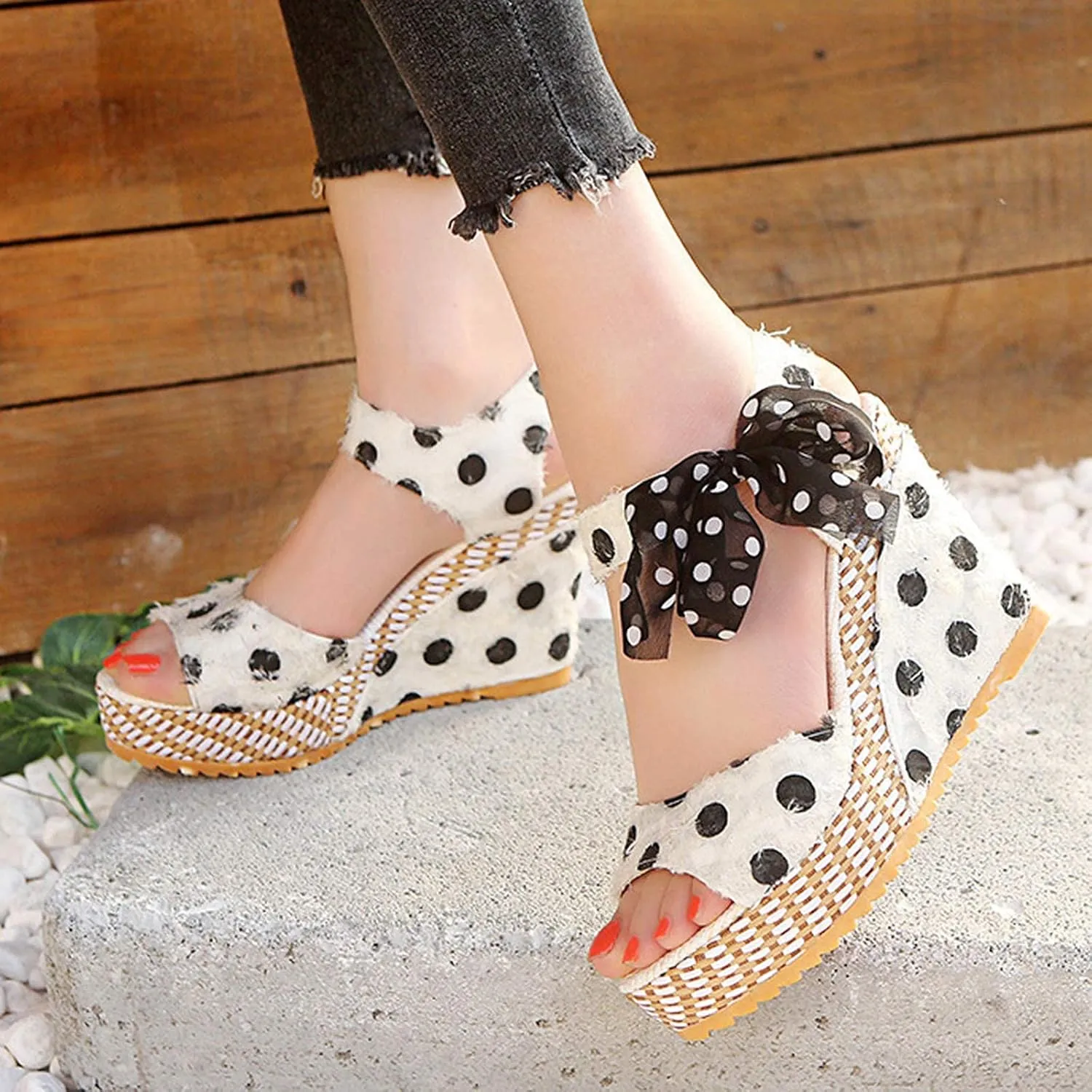 Women's Platform Wedge Sandals Polka Dot Wedge Bow Platform Sandals Elegant Floral Bow Tie Ankle Strap Shoes for Bride Wedding Christmas Halloween Party Favor