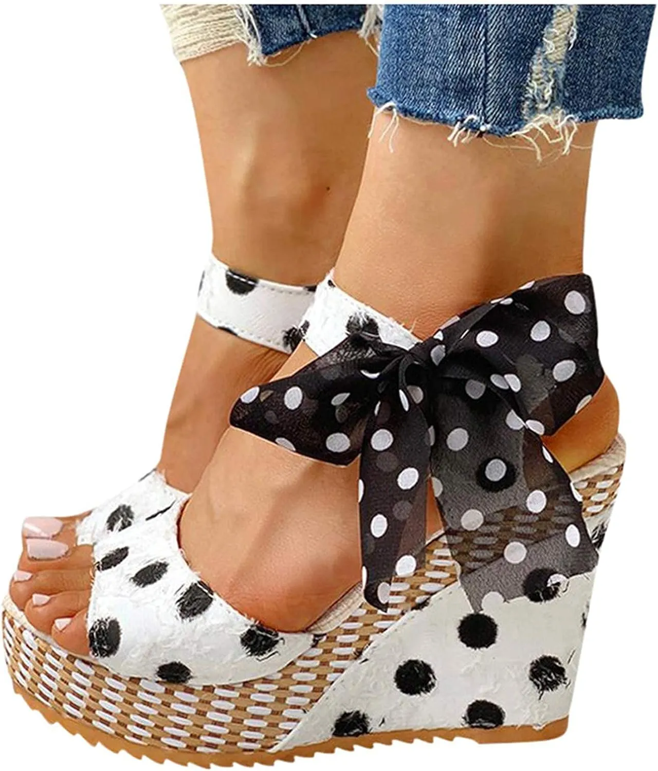 Women's Platform Wedge Sandals Polka Dot Wedge Bow Platform Sandals Elegant Floral Bow Tie Ankle Strap Shoes for Bride Wedding Christmas Halloween Party Favor
