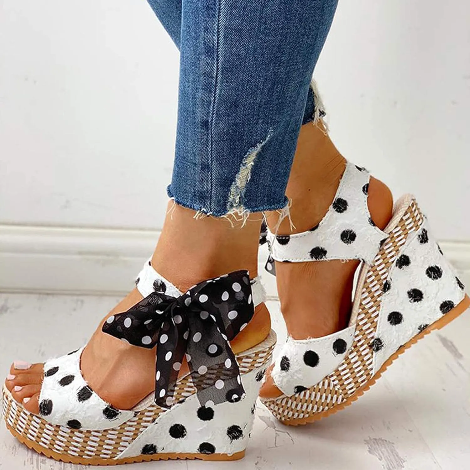 Women's Platform Wedge Sandals Polka Dot Wedge Bow Platform Sandals Elegant Floral Bow Tie Ankle Strap Shoes for Bride Wedding Christmas Halloween Party Favor