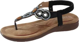 Women's Sandals Ankle Strap Elastic T-Strap Sandals Rhinestone Casual Flip Flops Summer Beach Bohemian Flat Sandals