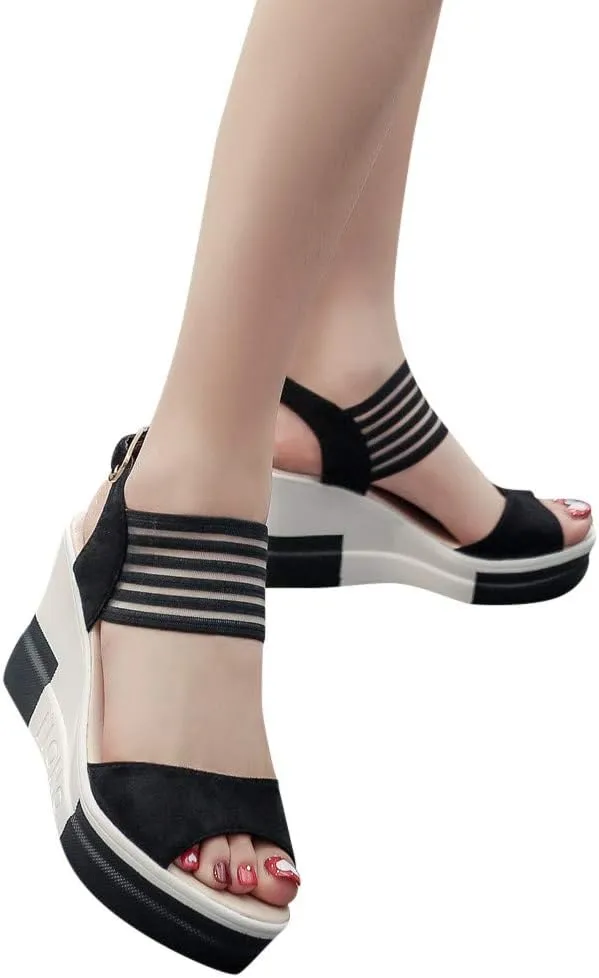 Women's Summer Leather Dressy Sandals Open Toe Comfortable Walking Platform Sandals with Arch Support and Cushion Sole Slip on Casual Mid Heel Sandal Women Beach Shoes Vacation Travel Sandal