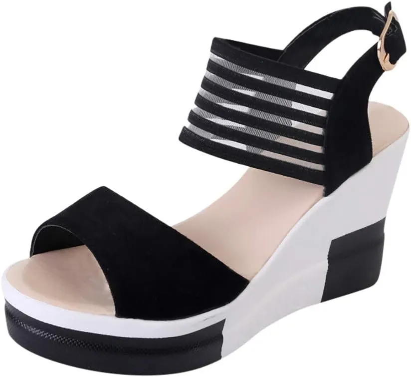 Women's Summer Leather Dressy Sandals Open Toe Comfortable Walking Platform Sandals with Arch Support and Cushion Sole Slip on Casual Mid Heel Sandal Women Beach Shoes Vacation Travel Sandal