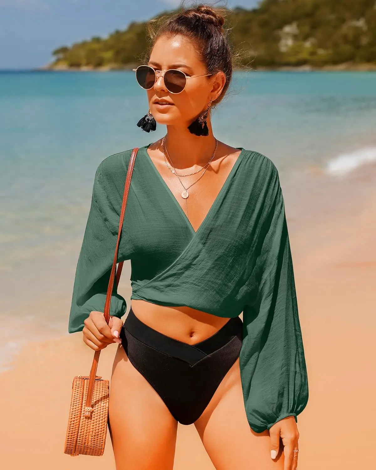 Women's Swimwear Cover Ups Tops Tunic Self-tie Swimsuit Bikini Bathing Suit Long Sleeve Soft Beach Shirt for Women