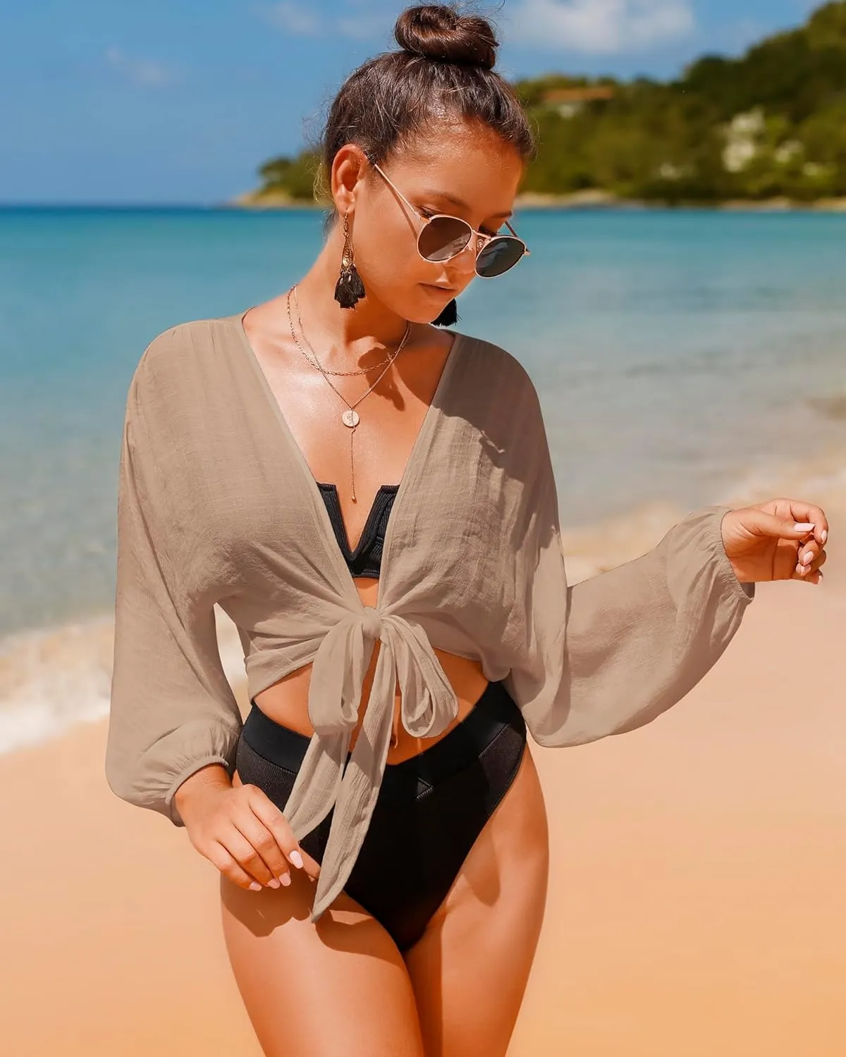 Women's Swimwear Cover Ups Tops Tunic Self-tie Swimsuit Bikini Bathing Suit Long Sleeve Soft Beach Shirt for Women