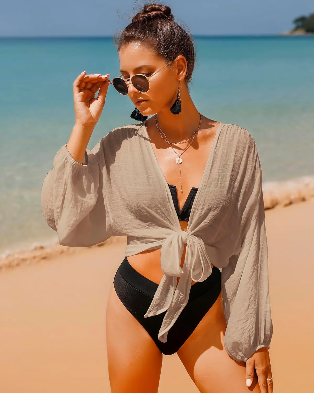 Women's Swimwear Cover Ups Tops Tunic Self-tie Swimsuit Bikini Bathing Suit Long Sleeve Soft Beach Shirt for Women